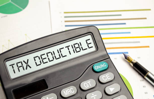 TAX DEDUCTIBLE word on calculator. Business and tax concept. stock photo