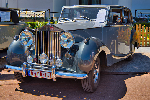 Baden-Baden, Germany - 10 July 2022: silver Rolls Royce Silver Wraith 1953, oldtimer meeting in Kurpark.
