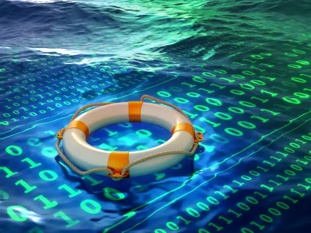 Lifesaver floating on a sea of glowing binary code. Digital illustration, 3D render.