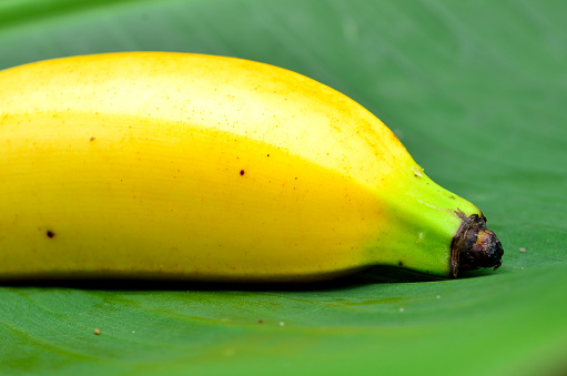 The banana in the photo is not intact which is placed on a banana leaf