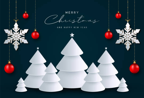 istock Merry christmas banner. Modern white 3d christmas tree. Realistic snowflake and red balls hanging on dark background. Christmas greeting card. Vector illustration 1441141330