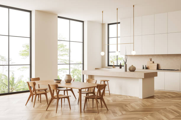 istock Cozy kitchen interior with chairs and table, dining area and panoramic window 1441142943