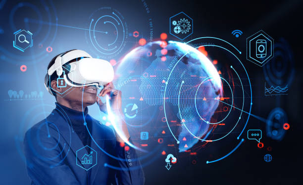 istock Businessman in vr headset is watching at digital interface 1441143002