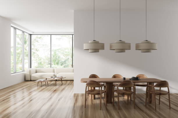 istock Light living room interior with dining and relaxing area, panoramic window 1441143148