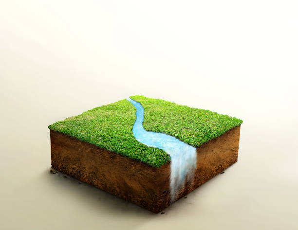 istock 3D, cubical soil ground cross section with  river stream on green grass isolated on white. realistic 3D rendering ground ecology. 1441143254