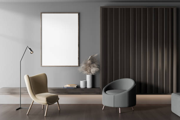 istock Grey living room interior with armchairs and shelf with decor, mockup frame 1441143383