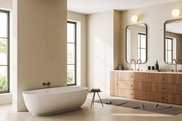 istock Stylish bathroom interior with bathtub and sink. Mockup empty wall 1441143502
