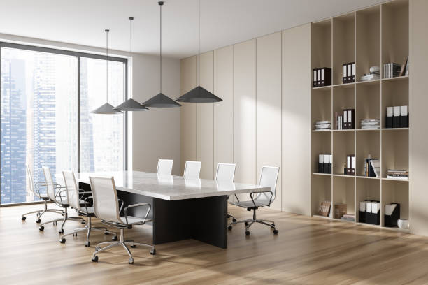 istock Stylish business room interior with table and seats, panoramic window 1441144140