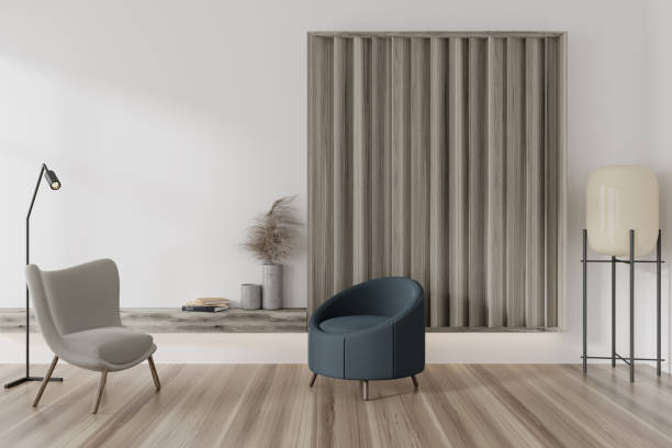 istock Stylish relax interior with chairs and shelf with decor. Mockup empty wall 1441144397