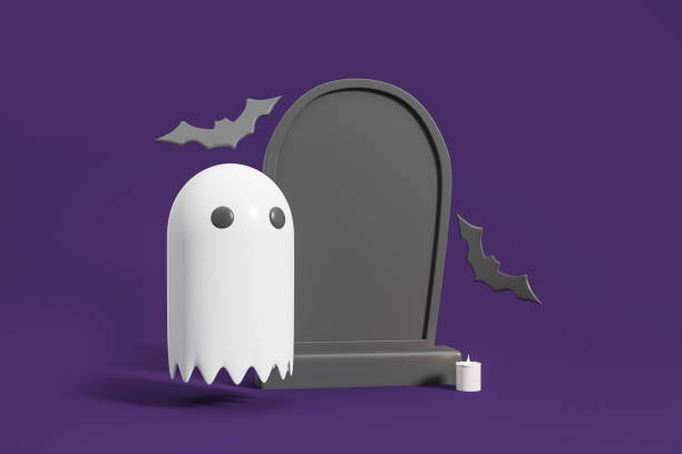 istock Cartoon ghost near black mockup empty tomb, bats and candle 1441144480
