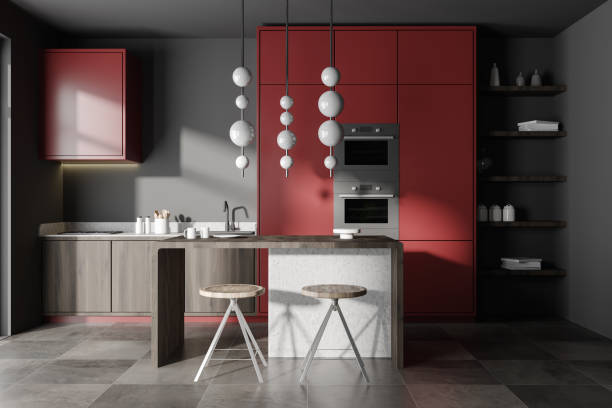 istock Stylish kitchen interior with bar countertop and stool, decoration 1441144737