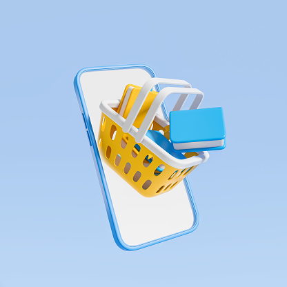 Large phone mock up display, basket with books on blue background. Concept of shopping and education. 3D rendering