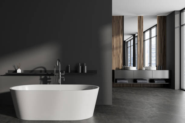 istock Grey bathroom interior with bathtub and sink. Mockup empty wall 1441144858