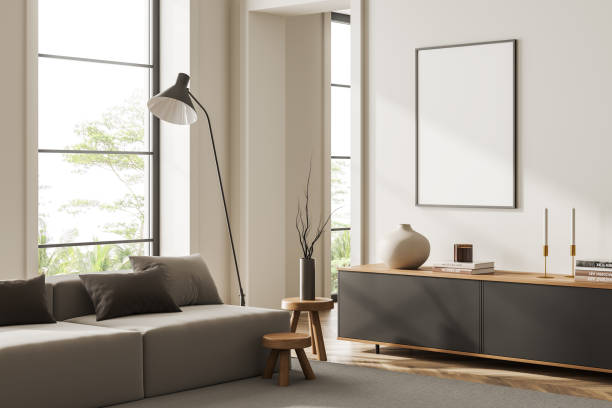 istock Stylish living room interior with couch and panoramic window. Mockup frame 1441145735