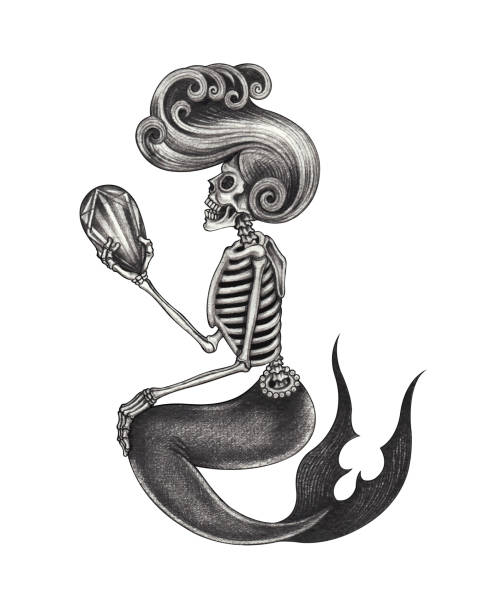 ilustraciones, imágenes clip art, dibujos animados e iconos de stock de arte fantasía surrealista calavera de sirena. - mala de la sirenita