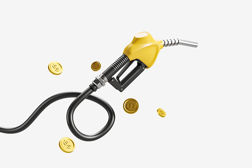 Yellow gasoline pistol fuel with nozzle and wire, floating dollar coins on white background. Concept of rising petrol price. 3D rendering