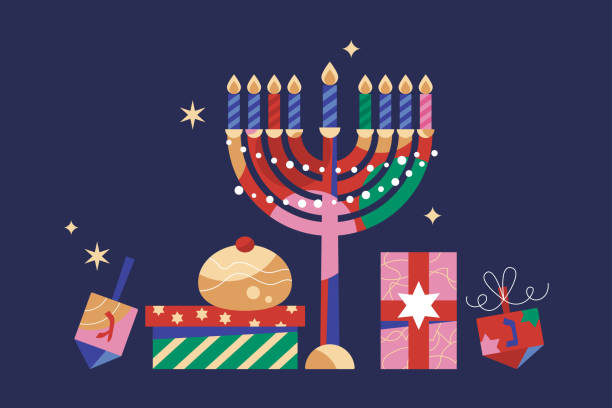 kartka z życzeniami na żydowskie święto chanuka z menorą, tradycyjnymi pączkami, pudełkami na prezenty i bączką. nowoczesne tło szablonu dla mediów społecznościowych. ilustracja wektorowa - hanukkah stock illustrations