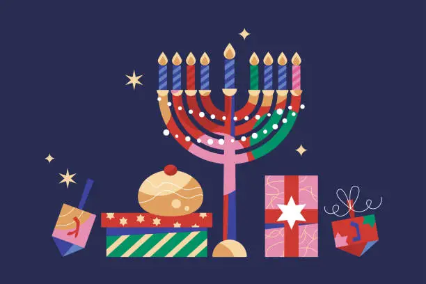 Vector illustration of Greeting card for Jewish holiday Hanukkah with menorah, traditional donuts, gift boxes and spinning top. Modern template background for social media. Vector illustration