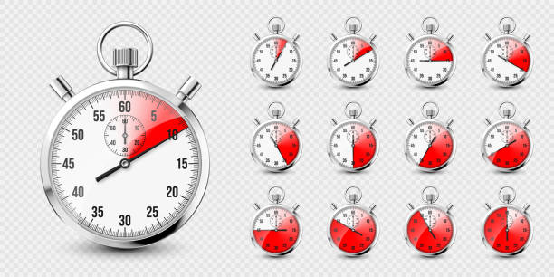 istock Realistic classic stopwatch icons. Shiny metal chronometer, time counter with dial. Red countdown timer showing minutes and seconds. Time measurement for sport, start and finish. Vector illustration 1441152415