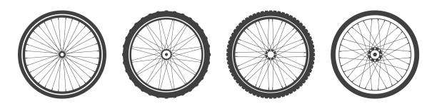 ilustraciones, imágenes clip art, dibujos animados e iconos de stock de colección de símbolos de rueda de bicicleta negra. siluetas de neumáticos de goma para bicicletas. bicicleta fitness, bicicleta de carretera y bicicleta de montaña. ilustración vectorial. - radio de rueda