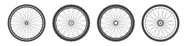 ilustrações de stock, clip art, desenhos animados e ícones de black bicycle wheel symbols collection. bike rubber tyre silhouettes. fitness cycle, road and mountain bike. vector illustration. - bicycle sport tire single object