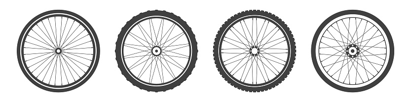 Black bicycle wheel symbols collection. Bike rubber tyre silhouettes. Fitness cycle, road and mountain bike. Vector illustration