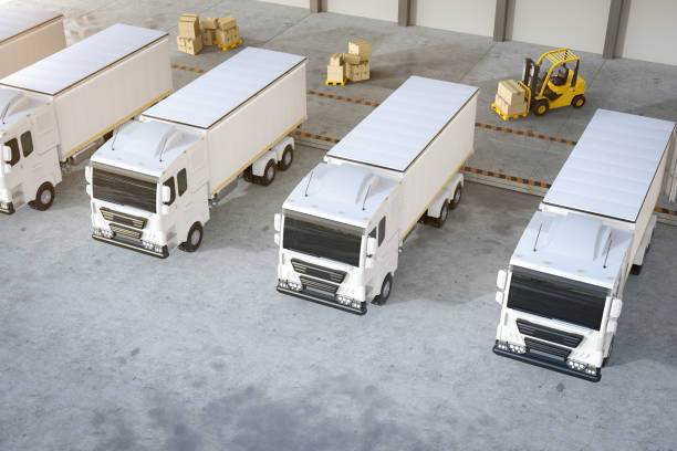 istock Group of logistic trailer trucks or lorries at warehouse 1441153018