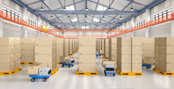 istock Automation warehouse with delivery robots carry boxes 1441153105