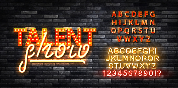 Vector realistic isolated neon marquee text of Talent Show logo with easy to change alphabet font on the wall background.