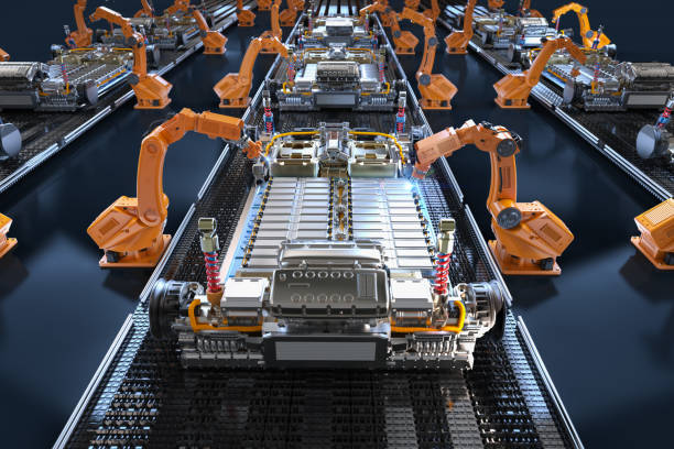 istock Robot assembly line with electric car battery cells module on platform 1441154411