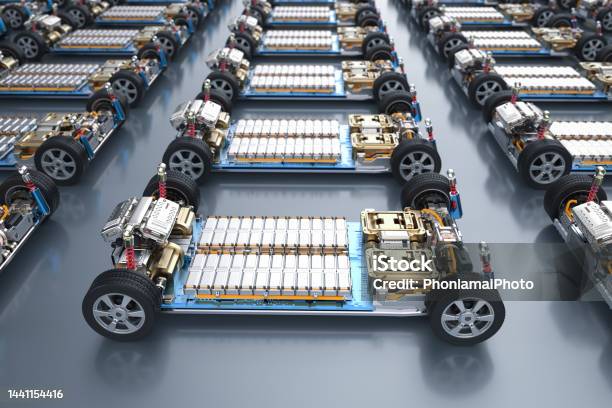 Group Of Electric Cars With Pack Of Battery Cells Module On Platform Stock Photo - Download Image Now