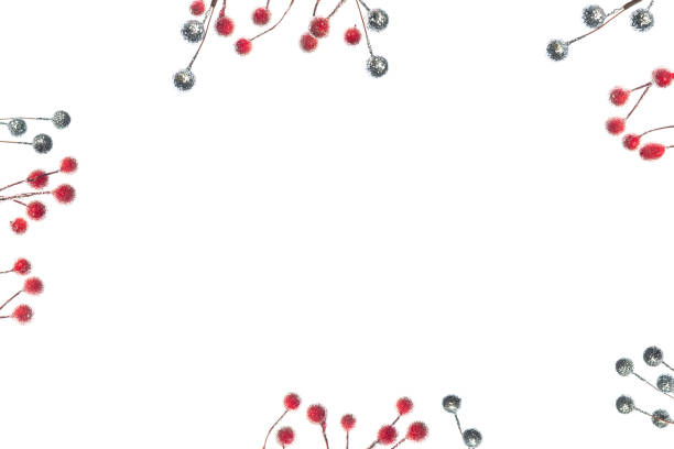 Red and silver berries isolated on white background, Christmas composition