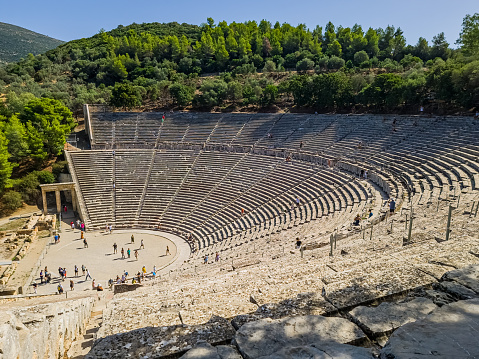 The well-preserved ancient theatre of Epidaurus in the Peloponnese, Greece