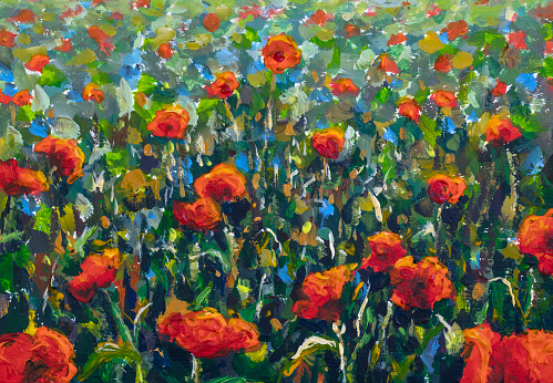 Oil painting of a poppy field. Landscape artwork wildflowers red field. Modern art
