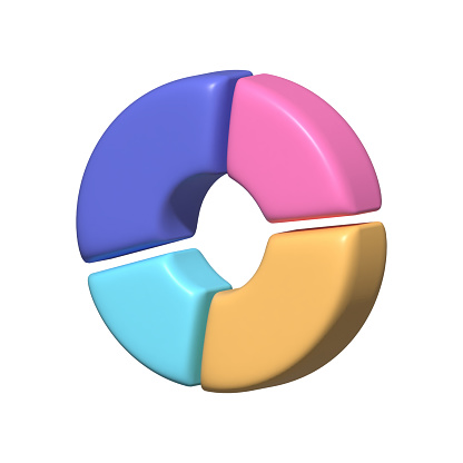 Pie chart of different colors in the shape of that on white table, statistics, finance, banking and other theme, 3d illustration, vertical position
