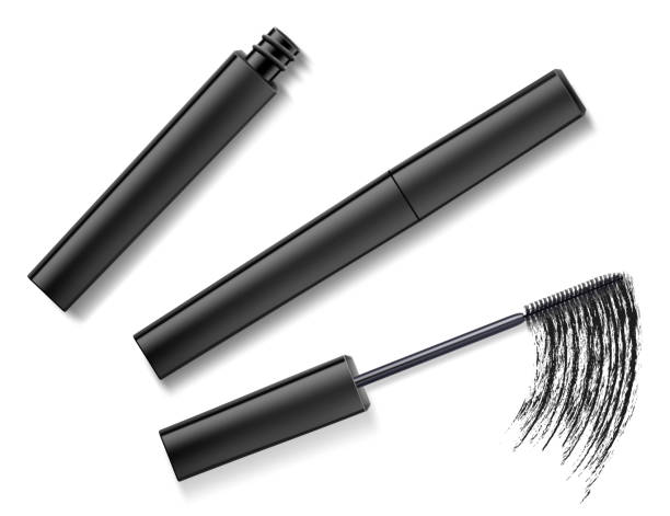 istock Mascara and black brush stroke, cosmetic object, beauty concept. Realistic 3d vector illustration, isolated on white background. Mascara fashion banner, template for advertising or magazine page. 1441157134