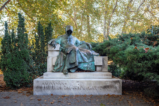 Statue of Anonymous Notary of King Bela III - created by Miklos Ligeti in 1903 - Budapest, Hungary