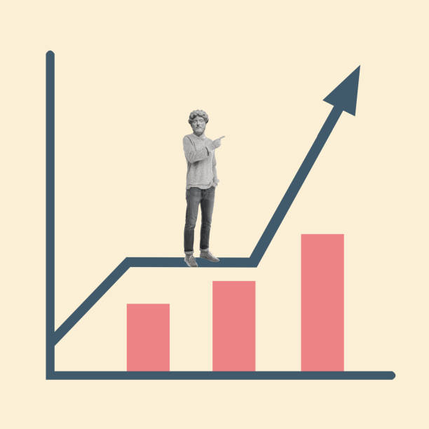 istock Art collage of a man headed by a statue head standing on a chart. 1441159120