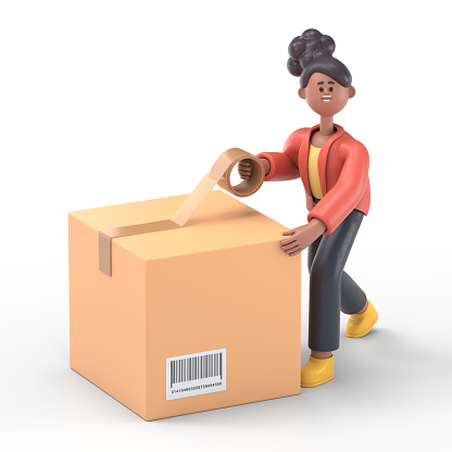 3D illustration of smiling african american woman Coco packing box.3D rendering on white background.