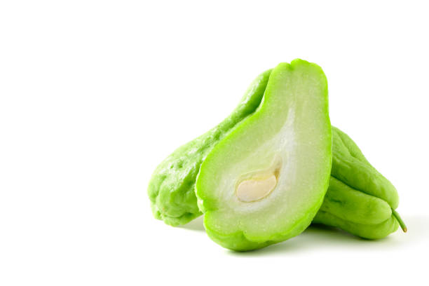 istock chayote fruit isolated on white background, It's reduce fatty acid deposits 1441160590
