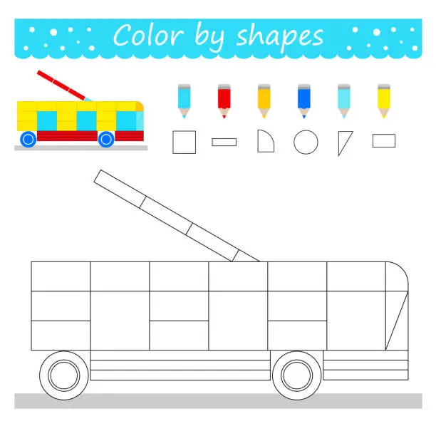 Vector illustration of Coloring pages. Color by shapes. Cartoon trolleybus vector. Illustration for children education. Flat design