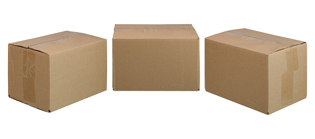 cardboard box on white background. Three angles on an isolated background. The box is sealed with transparent tape.