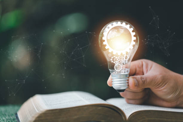 istock Bright light bulb and icon with book. Business success idea and education or learning online concept. Business person achievement and inspiration. technology, Create Imagination for Inspiration. 1441161051