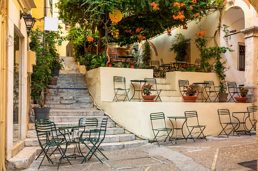 Cafe in an alley of the old town of Kerkyra, Corfu