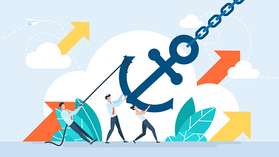 The business team is trying to hold the anchor. Business problems. People and anchor with chain. Concept of docking or mooring, anchorage, marine transport. Flat vector illustration for poster, banner