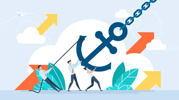 Vector illustration of The business team is trying to hold the anchor. Business problems. People and anchor with chain. Concept of docking or mooring, anchorage, marine transport. Flat vector illustration for poster, banner