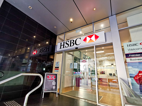 Brisbane, Australia - May 19, 2020: HSBC bank branch flagship headquarters office in Brisbane Central Business District on Queen Street.
