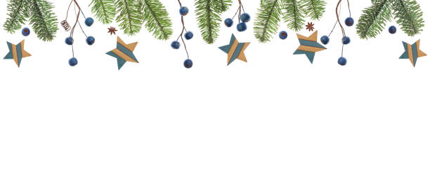 evergreen tree branch, xmas star decoration and blue berries. christmas background border - decor christmas celebration event christmas ornament imagens e fotografias de stock