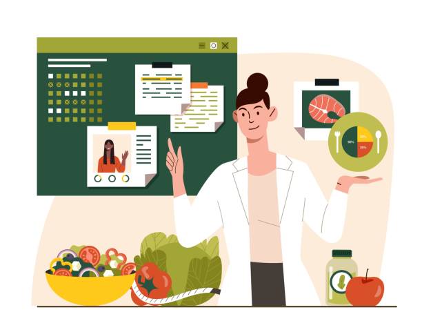 ilustraciones, imágenes clip art, dibujos animados e iconos de stock de nutricionista en el lugar de trabajo - healthy eating red colors healthcare and medicine