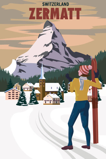 ilustrações, clipart, desenhos animados e ícones de pôster da estação zermatt ski, retrô. cartão de viagem alpes winter - hill grindelwald village landscape